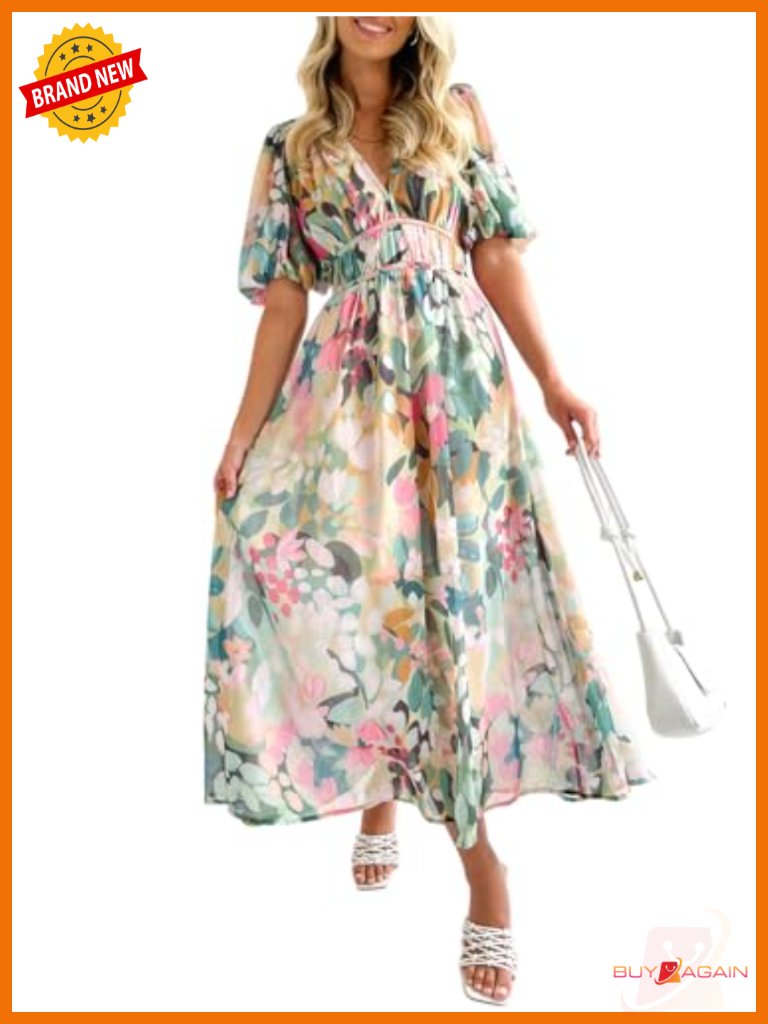 Women's Floral Maxi Dress V-Neck Short Sleeve Wedding Guest